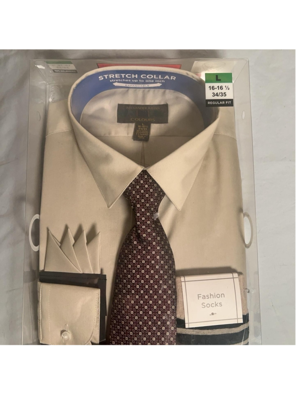 Alexander Julian Colours Dress Shirt Mens L Beige Stretch Collar Tie Socks Set